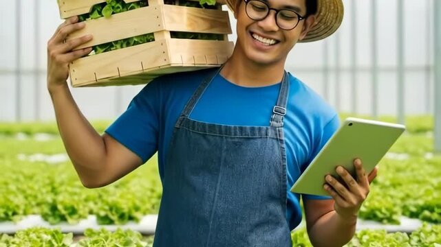 Smiling young farmer carrying fresh produce crate and using a tablet in a modern hydroponic greenhouse.