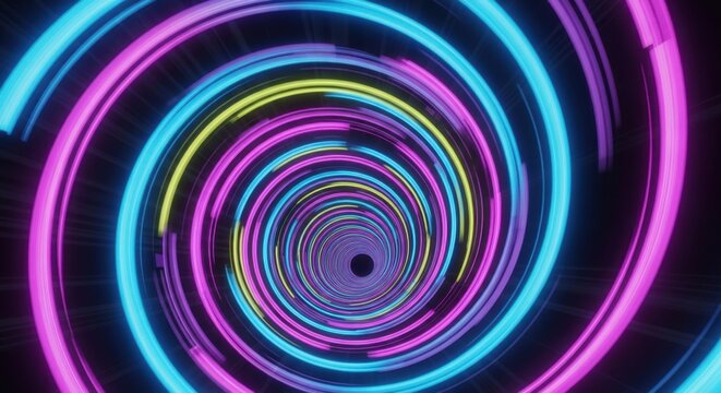 Vibrant Neon Light Circles Creating a Hypnotic Spiral Effect for Digital Art and Visual Displays