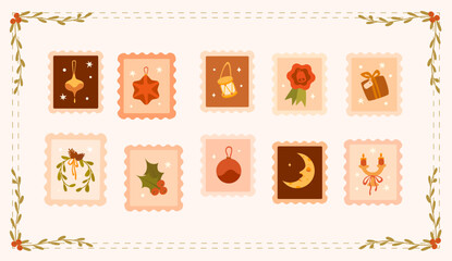 Cosy collection of Christmas postage stamps in vintage style and soft pastel colours. Toys, wreath, gift, candles, holly berries. Perfect for greeting cards and invitations.