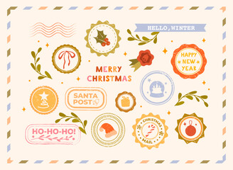 Big collection of vintage Christmas stamps in warm pastel colours. For scrapbooking, journaling, festive designs, letters, invitations, greeting cards, packaging.
