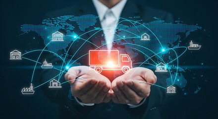 Business executive holding global network and B2B business strategy, enterprise collaboration, procurement automation solutions integration partnership digital communication logistics