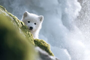 Fototapeta premium Cute arctic fox pup curiously peeks out from behind mossy rocks, against a blurred, ethereal waterfall backdrop. Represents innocence, wildlife, and arctic nature.