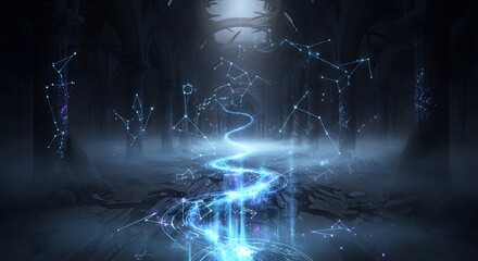 Futuristic digital landscape with glowing blue light, interconnected lines, and abstract constellation patterns in a dark, mysterious environment