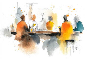 Watercolor illustration of diverse individuals enjoying drinks at a bar with vibrant colors