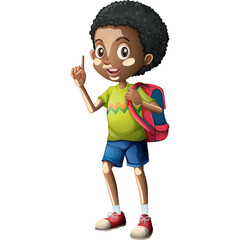 Young Black Boy With Backpack Wearing Green T Shirt And Blue Shorts Standing On Transparent Background