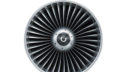Close up of a jet engine turbine showcasing engineering and power against on transparent background