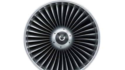 Close up of a jet engine turbine showcasing engineering and power against on transparent background