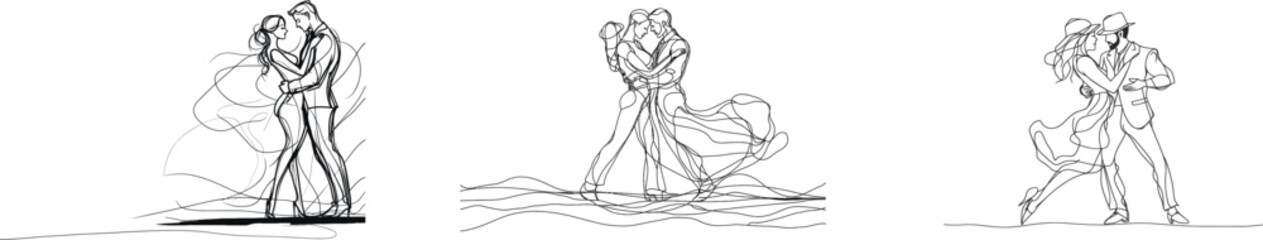 A man and a girl are shown dancing the tango in a continuous line drawing that conveys romance