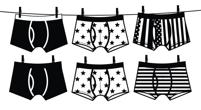 Stylish boxer briefs drying on clothesline, modern patterns
