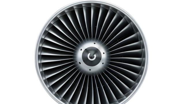 Close up of a jet engine turbine showcasing engineering and power against on transparent background