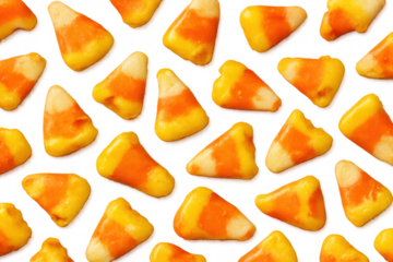 Candy corn pieces scattered as a seamless pattern, traditional halloween sweets for autumn celebrations on transparent background