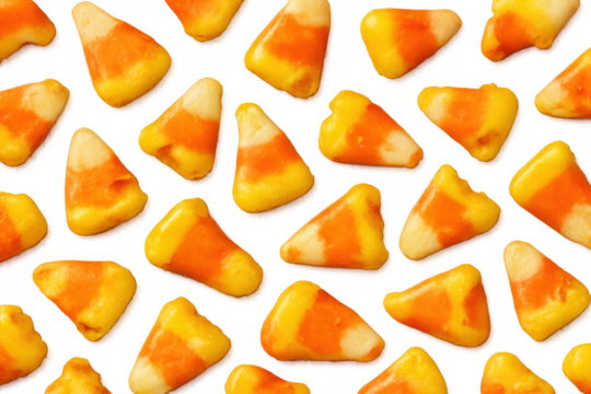 Candy corn pieces scattered as a seamless pattern, traditional halloween sweets for autumn celebrations on transparent background - Powered by Adobe
