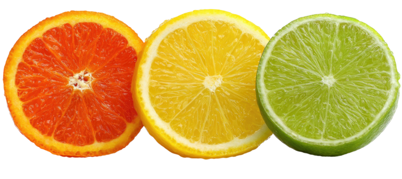 Three citrus fruit slices orange, lemon, and lime, isolated on black