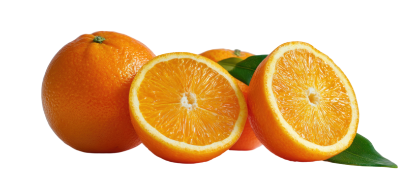 Whole and halved bright orange citrus fruits with green leaves
