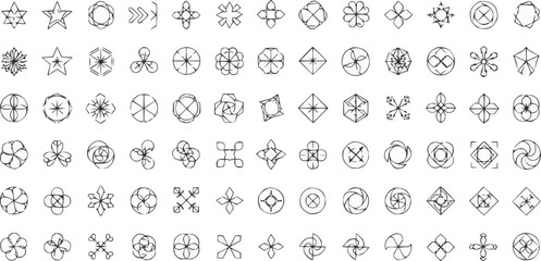 Minimalist Geometric Line Art Logo Set, Abstract Mandalas, Symmetrical Floral Stars and Modern Ornamental Vector Elements