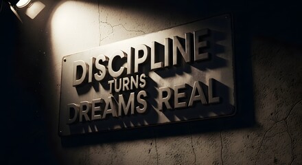 A motivational wall sign with the inspiring message 'Discipline Turns Dreams Into Reality' displayed on a textured wall illuminated by warm lighting
