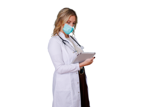 Female doctor wearing medical mask and lab coat using digital tablet for health data on transparent background - Powered by Adobe