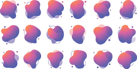 Fluid abstract liquid blob shapes vector set in neon pink blue gradient, modern dynamic organic wavy elements for banner background design