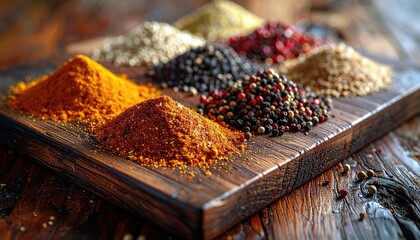 A variety of colorful spices and peppercorns are beautifully arranged in piles on a textured wooden board, creating a visually appealing culinary display.
