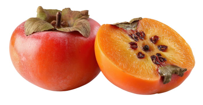 A whole and a halved ripe orange-colored fruit with seeds