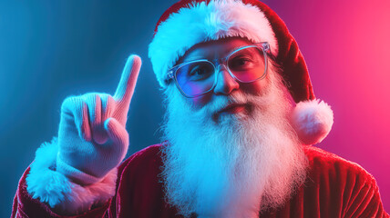 Modern Santa Claus wearing stylish clear glasses, doing an attention gesture, cyber neon light background, holiday tech vibe, copy space