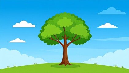 Cartoonish tree on a green hill under a bright blue sky dotted with puffy white clouds