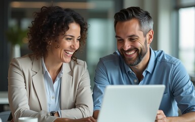 Obraz premium Two middle age business workers smiling happy and confident. Working together with smile on face using laptop at the office. High quality