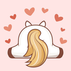 Cute cartoon Horse back with hearts. Vector illustration of animal on pink background with red hearts.