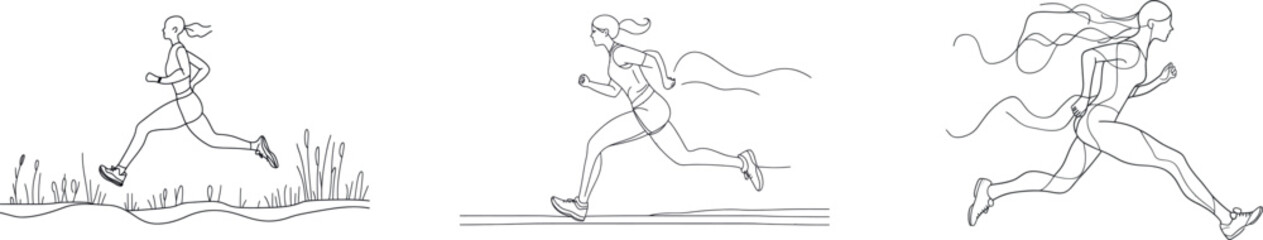 In a modern sports theme, a minimalist hand-drawn design portrays a woman athlete running in a continuous line