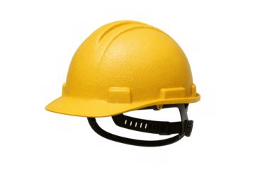 Yellow protective hard hat for construction or industrial workers, ensuring safety on site. Transparent background