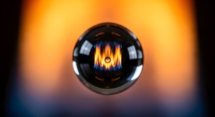Close-up of a shiny black sphere with a fiery reflection inside, set against a warm gradient background creating a modern and abstract visual effect