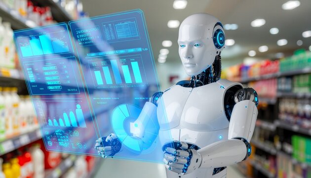 The Future of Retail: A futuristic robot navigates a grocery store aisle, showcasing advanced technology and data analytics, revolutionizing the shopping experience.