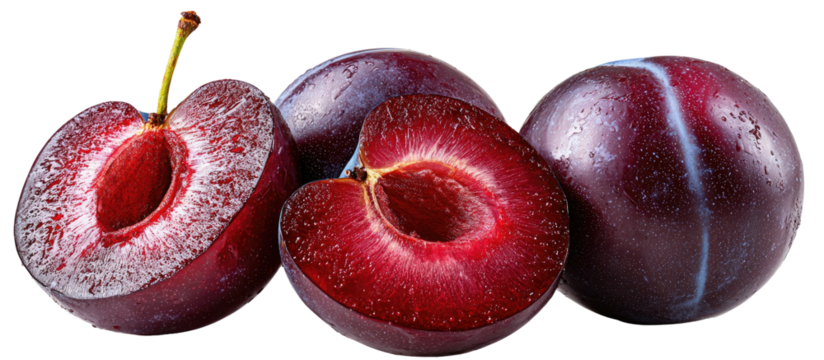 Ripe, dark red plums, whole and halved, with juicy flesh and stone