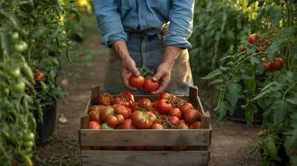Farmer carefully places ripe red tomatoes into a wooden crate in a lush greenhouse surrounded by green foliage