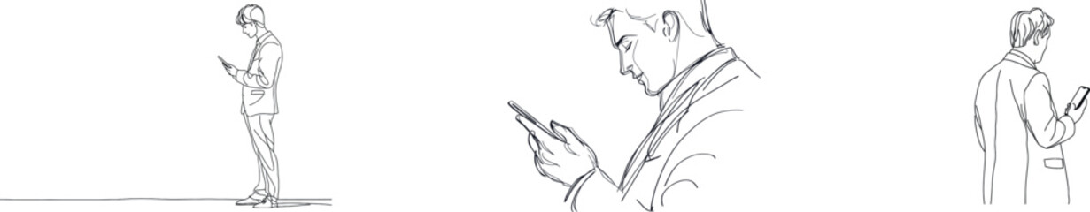A continuous one line drawing shows a portrait of a standing businesswoman who is holding a cell phone or smartphone