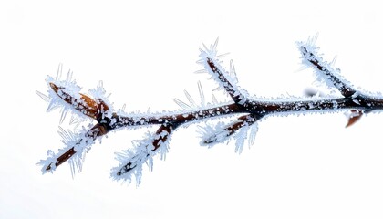 A close-up shot of a thin, dark tree branch adorned with intricate frost formations, set against a pure white backdrop.
