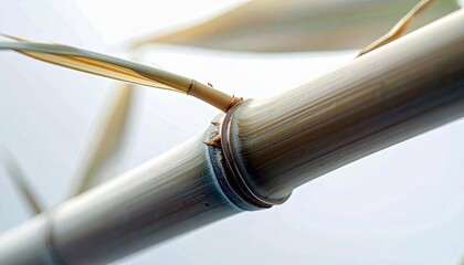 A detailed view of a bamboo stalk, highlighting its segmented structure and a delicate branch with dried leaves, set against a soft, out-of-focus backdrop.