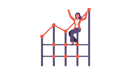 Businesswoman climbing upward on a bar chart ladder symbolizing career growth success and financial achievement in a professional setting