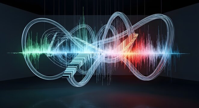 Abstract digital visualization featuring interconnected colorful waveforms and dynamic lines representing technology and data flow - Powered by Adobe