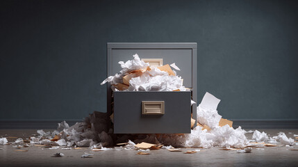 Overstuffed filing cabinet with paper overflowing, symbolizing chaos, bureaucracy, or information overload. Ideal for illustrating stress, disorganization or office paperwork concepts.