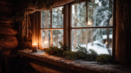 Cozy cabin window with candlelight and winter scenery, creating a warm holiday atmosphere
