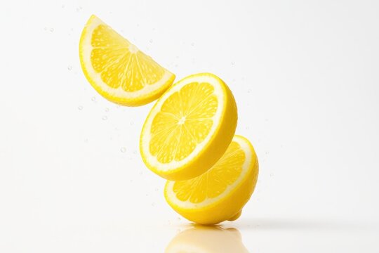 Ripe lemon slices mid air diagonal cascade with micro droplets on white background for citrus drink garnish fresh food and summer themes