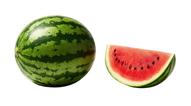 A whole watermelon and a slice on a black background