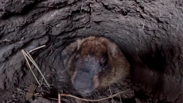 A Steppe Marmot (Marmota bobak) pushes soil from the its burrow closer to the exit, portrait.