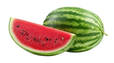Juicy red watermelon slice and whole fruit, black background