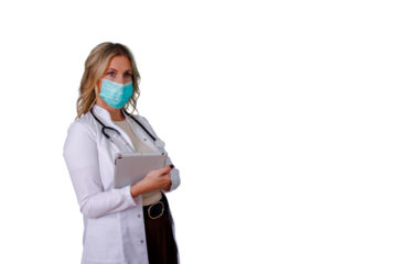 Female doctor wearing surgical mask and stethoscope, holding a digital tablet, providing medical care and health protection