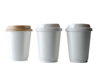 Three white disposable coffee cups in size order.
