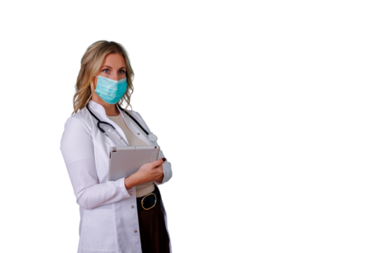 Female doctor wearing surgical mask and stethoscope, holding a digital tablet, providing medical care and health protection - Powered by Adobe