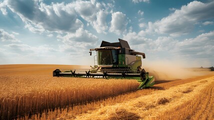 Obraz premium Modern green combine harvester working in a golden wheat field under a dramatic cloudy sky during harvest season