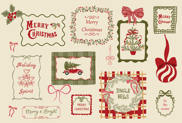 Vintage Christmas frames, posters, card set decorated bows. Retro cozy hand drawn Xmas elements isolated collection for greetings, flyers, invitations. Vector winter holiday graphic illustration.